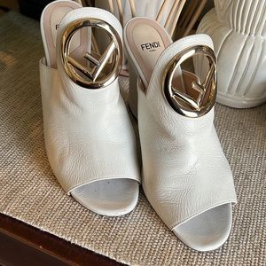 SOLD ! FENDI white clog heels mules size 39 woman’s 8-8.5 silver buckle